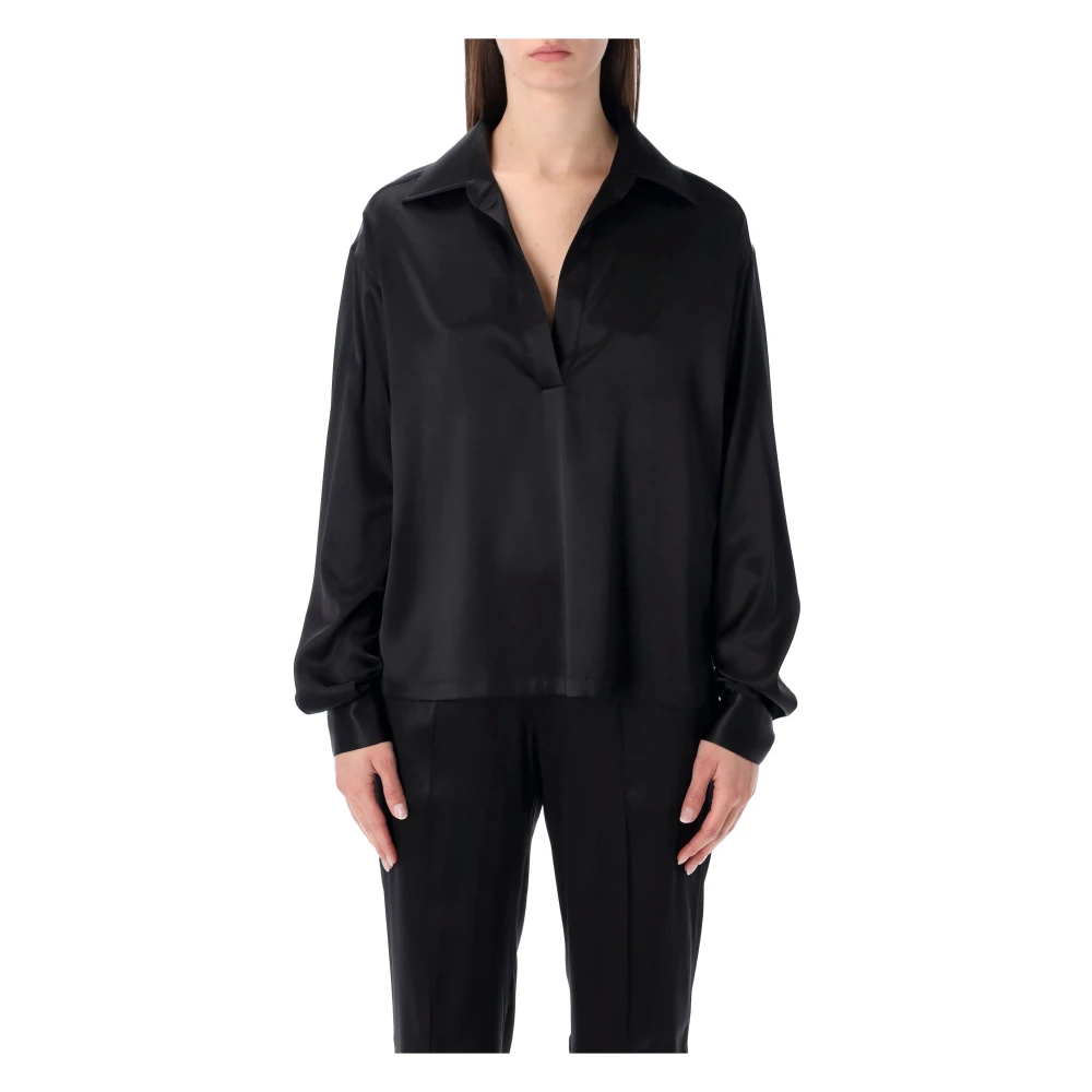 Tom Ford Women's Black Blouses, S, Stretch Silk Satin Polo