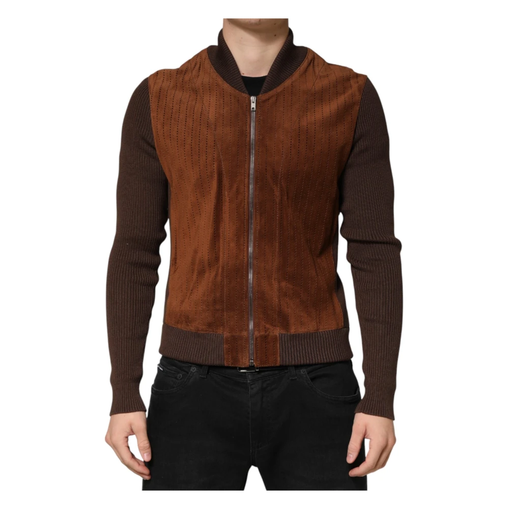 Dolce & Gabbana Men's Brown Velvet Calfskin Full Zip Biker Jacket, Light Jackets, L, Jackets