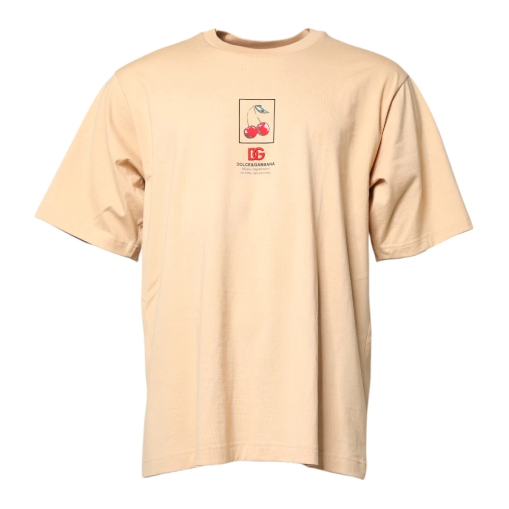 Dolce & Gabbana Men's Beige T-Shirts, 2XL, Logo Print Crew Neck T-Shirt