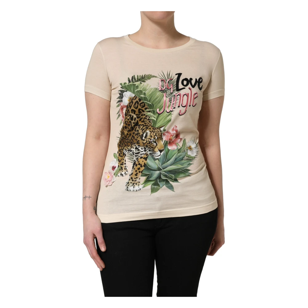 Dolce & Gabbana Beige Jungle Print Cotton Round Neck T-Shirt - Female - T-Shirts - Xs - Tops