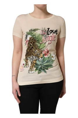Jungle Print Bomulls T-shirt med Rund Hals