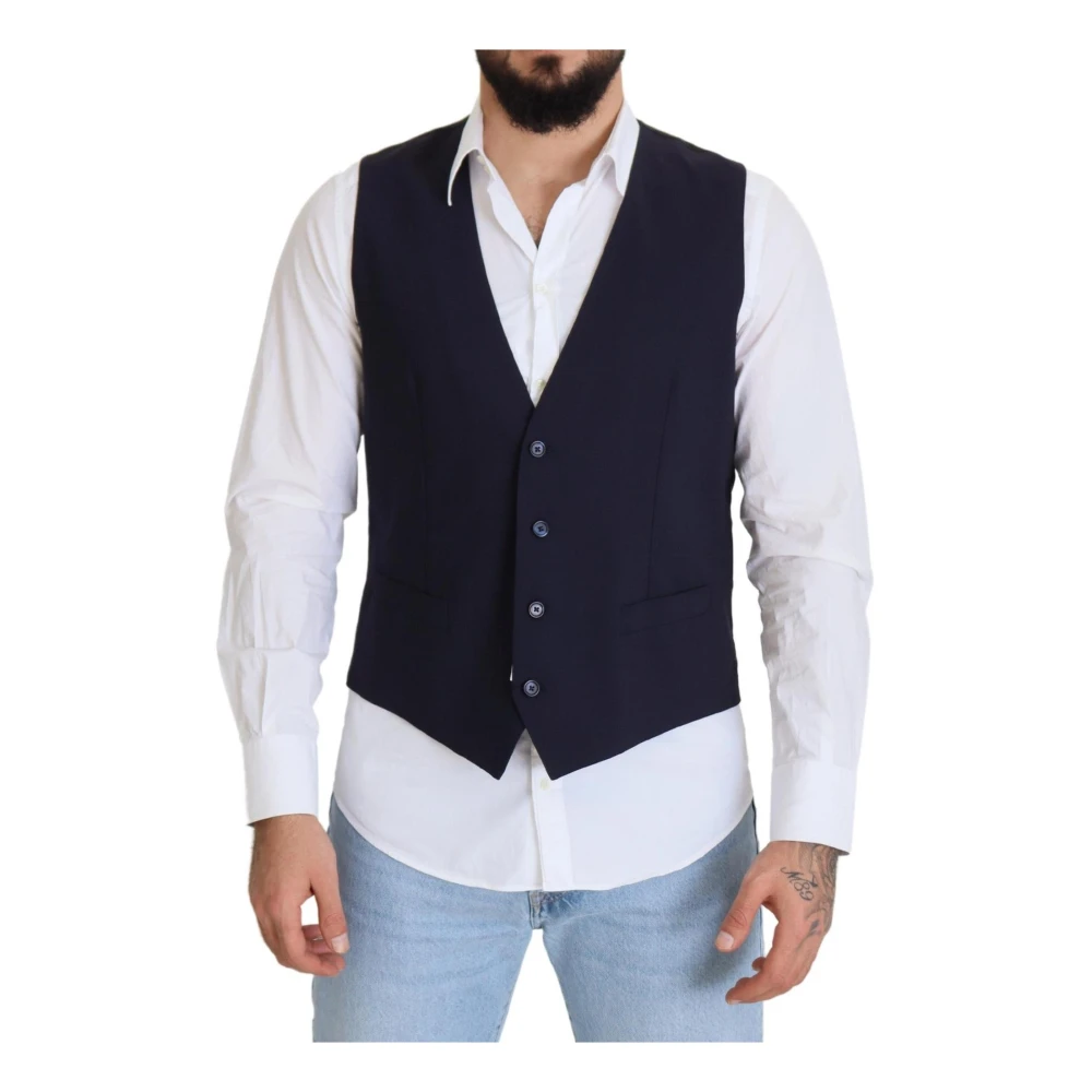 Dolce & Gabbana Wollen Vest met Logodetails in Donkerblauw Blue Heren