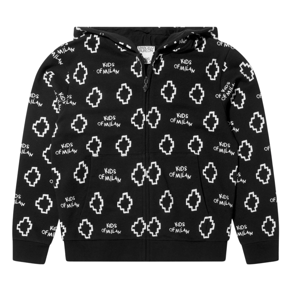 Marcelo Burlon Boys Black Kids Sweatshirts, 12 Y, Logo Print Zip Up Top