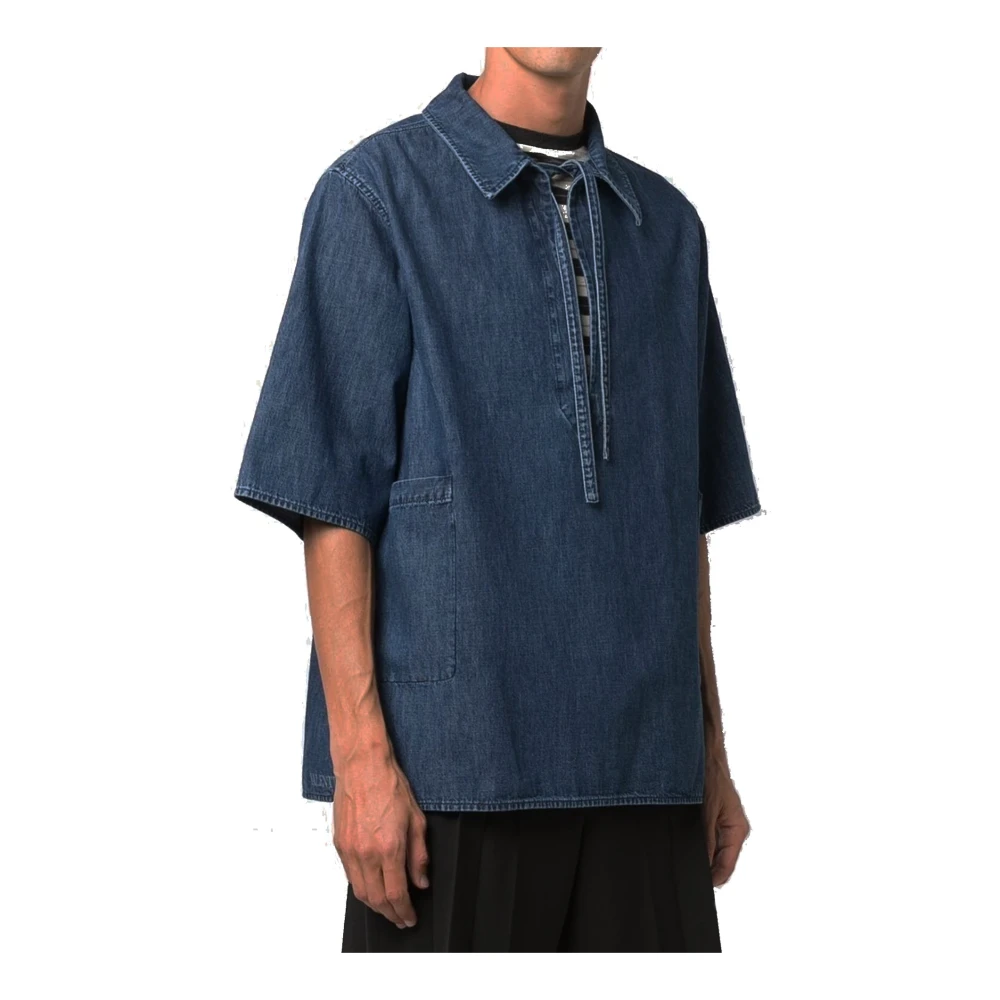 Valentino Katoen Denim V-Hals Shirt Italië Blue Heren