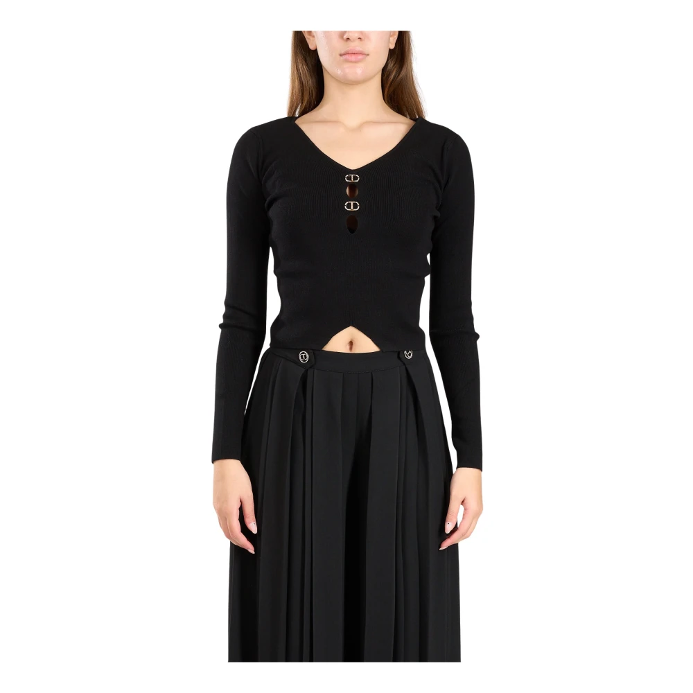 Twinset Stretch viscose top met ovale T metalen platen Black Dames
