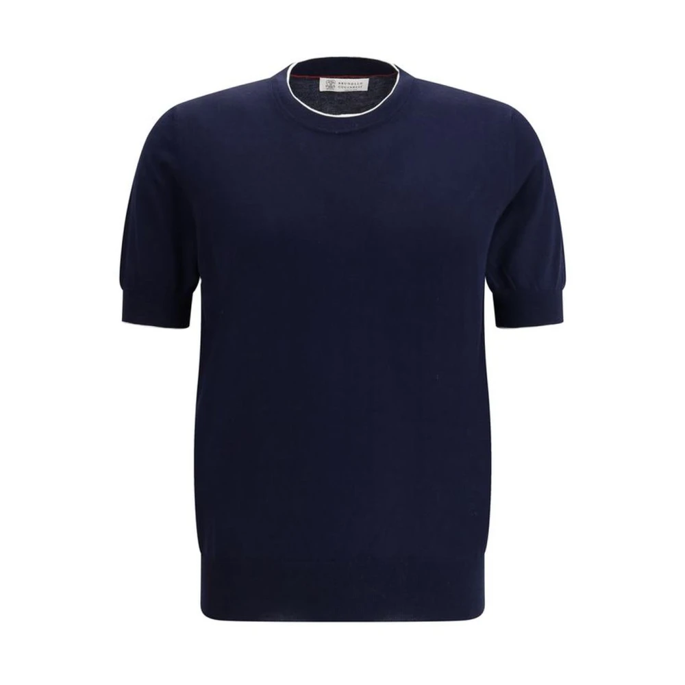 BRUNELLO CUCINELLI Monochrome Katoenen T-shirt met Geribbelde Details Blue Heren
