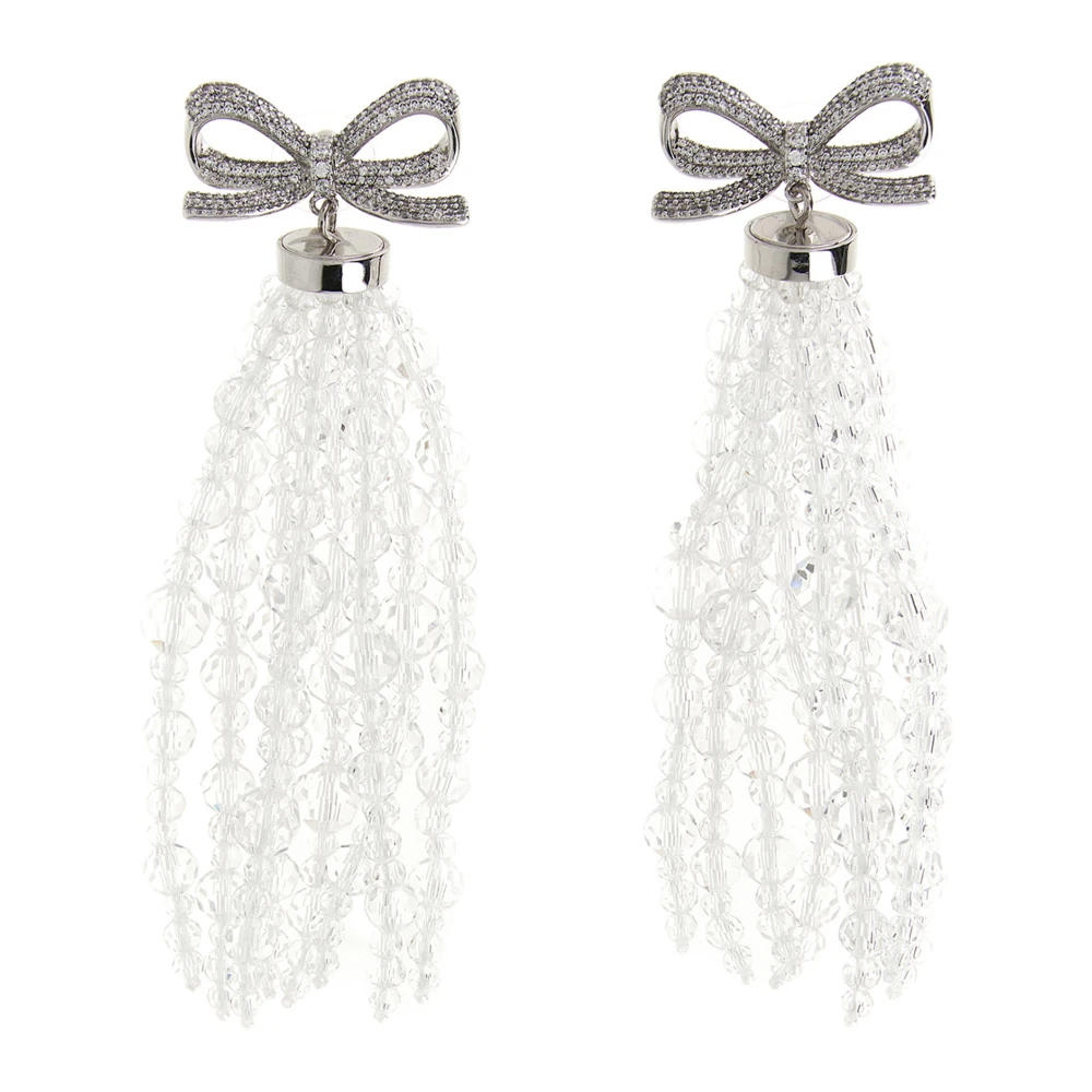 Self Portrait Women's Gray Bow Beaded Waterfall Earrings