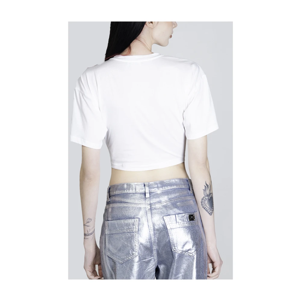 Elisabetta Franchi Witte Cropped T-shirt met Knoop en Print White Dames