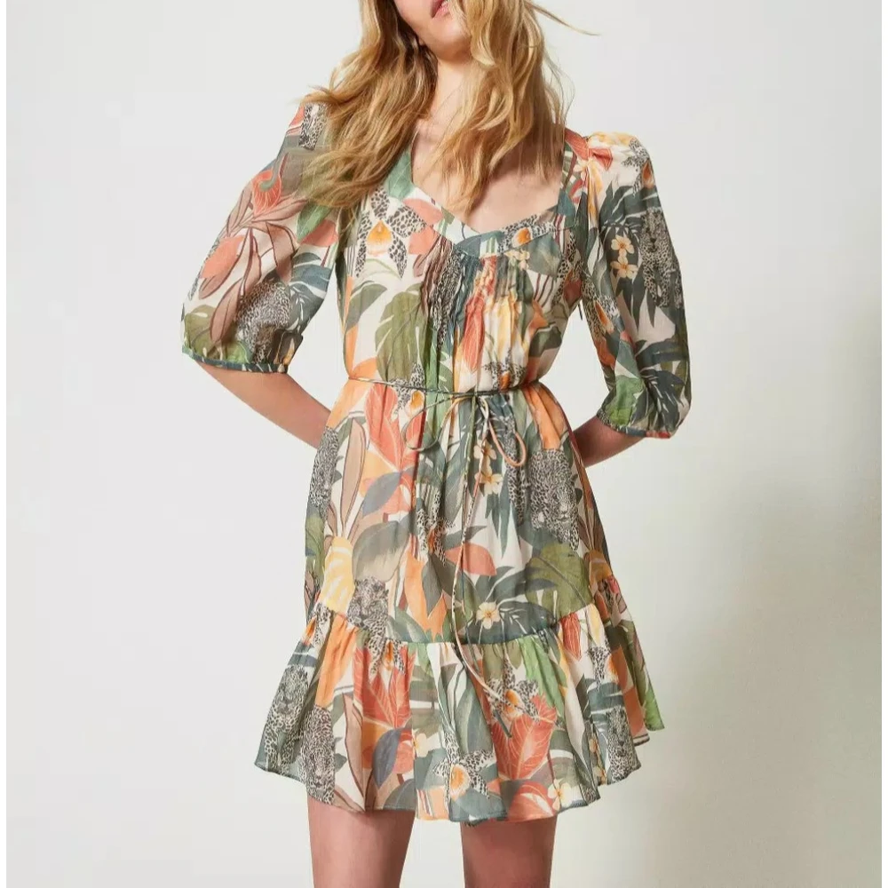 Twinset Korte Mousseline Print Jurk Multicolor Dames
