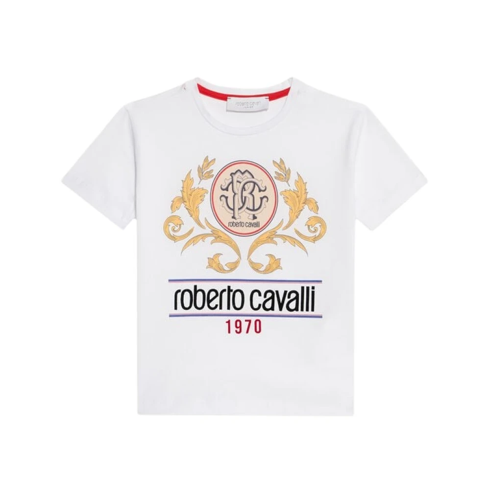 Roberto Cavalli , Kids Short Sleeve T-Shirts, Male, White, 8 Y | 128 Cm, Embleme Print T-Shirt With Monogram