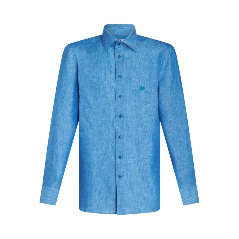ETRO Blauw Linnen Overhemd met Pegaso Motief Blue Heren