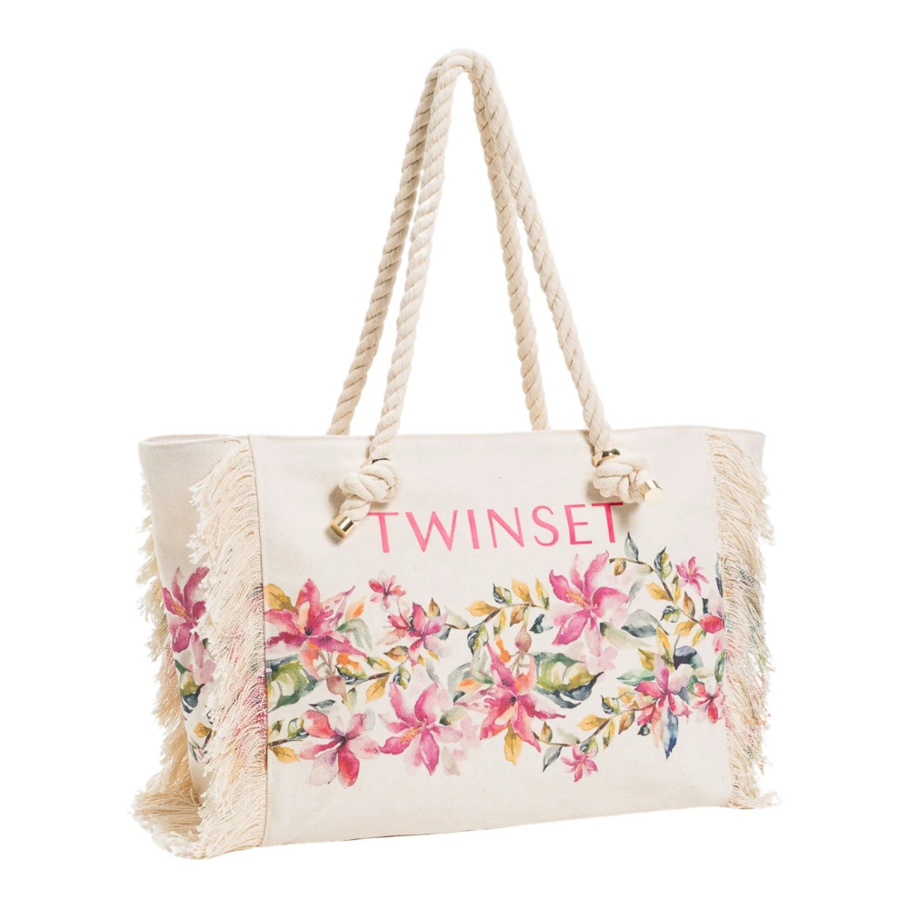 Twinset Canvas Shopper Tas met Rafelranden Beige Dames