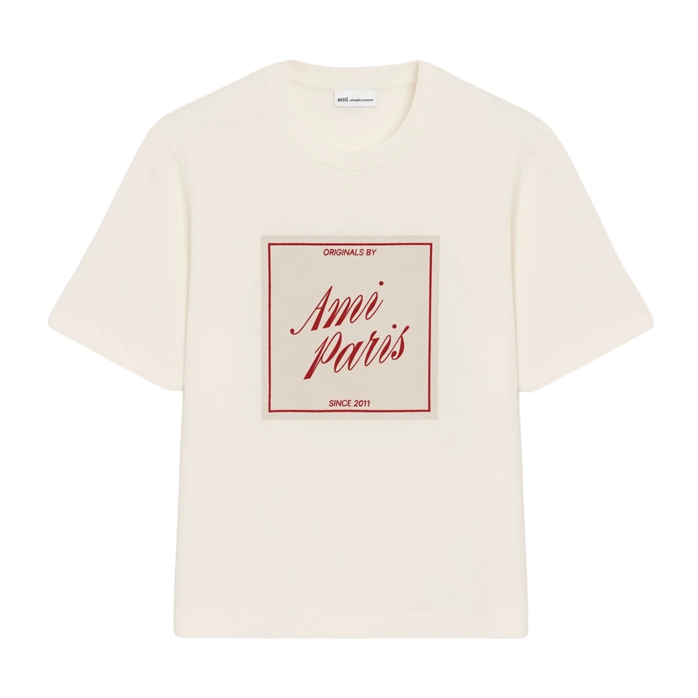 Ami Paris Women's Beige T-Shirts, L, Boxy Fit Short Sleeve T-Shirt With Signature Print