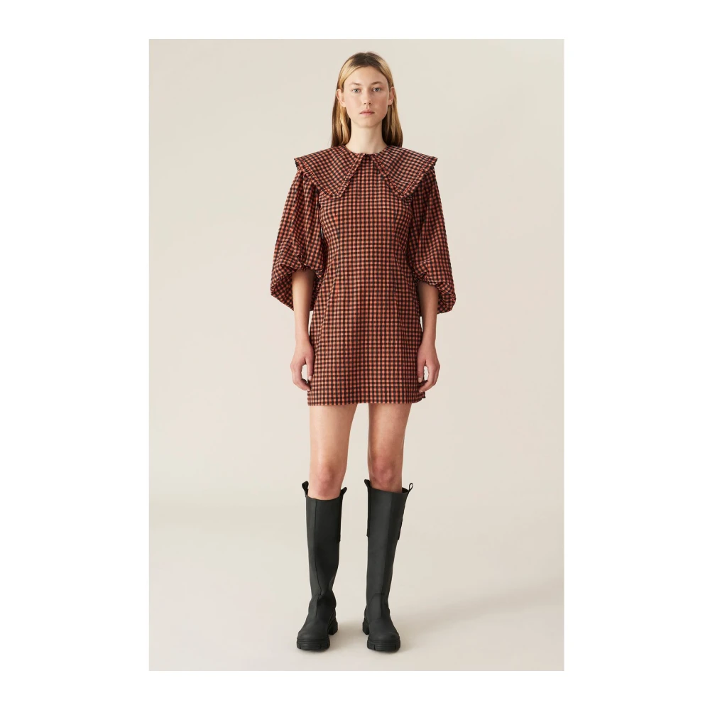 Ganni Geruite Seersucker Mini Jurk Red Dames