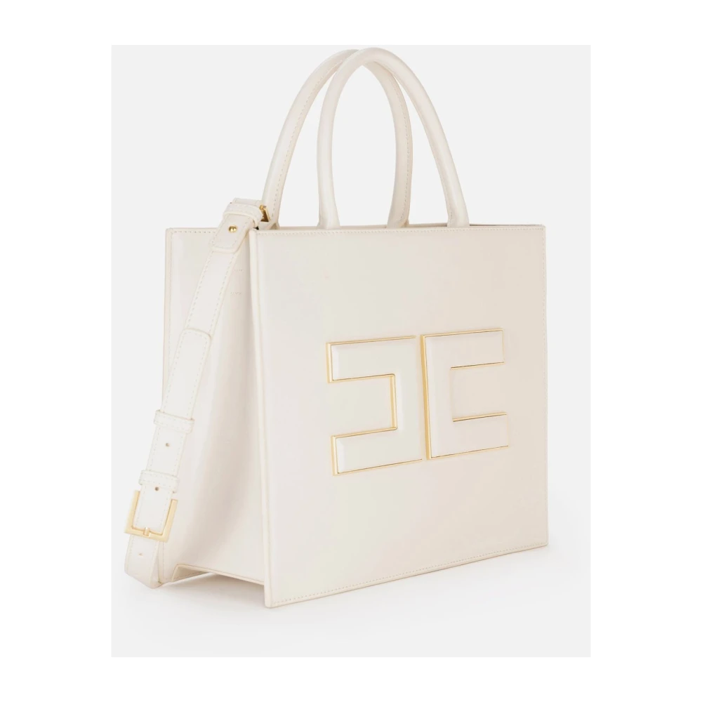 Elisabetta Franchi Synthetische Leren Shopper Tas met Gouden Metalen Logo Plaat Beige Dames