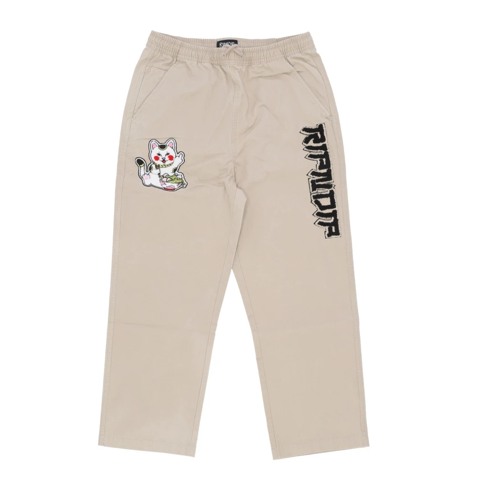 Ripndip Men's Beige Straight Trousers, Xs, Embroidered Wide Leg Khaki Trousers