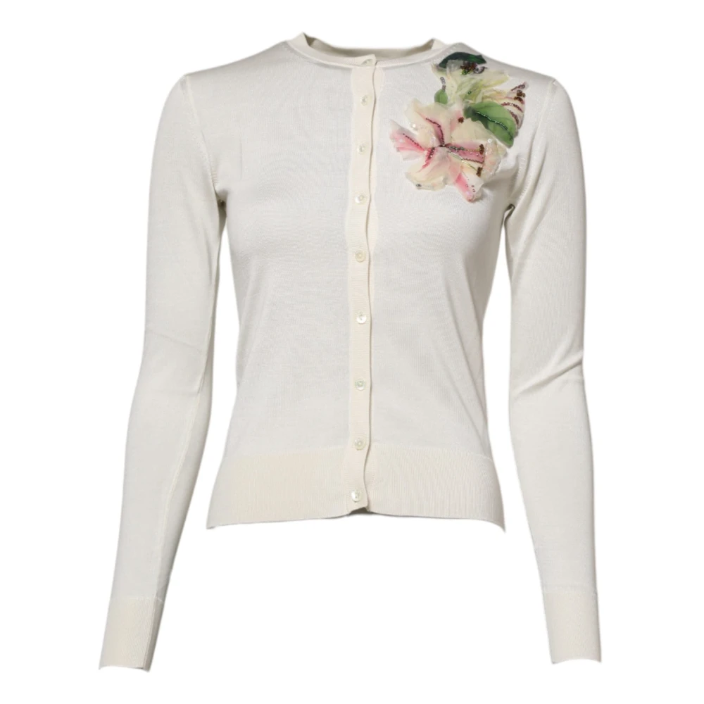 Dolce & Gabbana , Cardigans, Female, White, 2XS, White Silk Lily Buttoned Cardigan Jumper