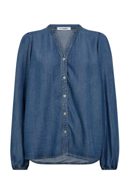 denim-v-hals-skjortebluse-bla