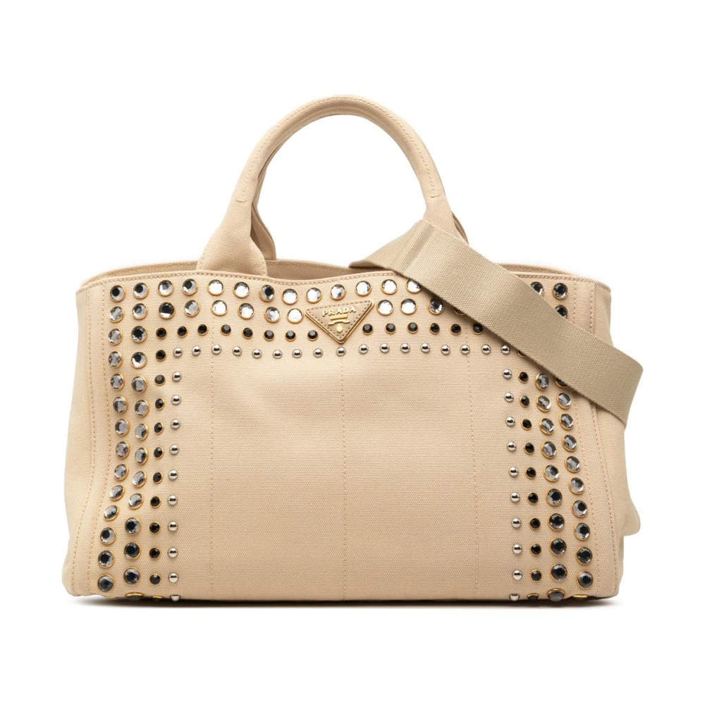 Prada Vintage Women's Brown Pre-Owned Studded Canvas Tote Bag