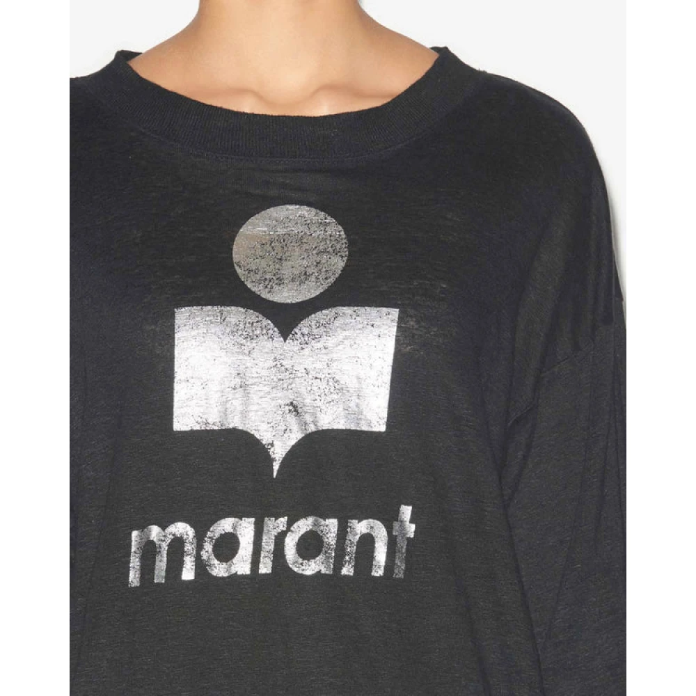 Isabel Marant Étoile Zwarte linnen T-shirt met lange mouwen en logo Black Dames