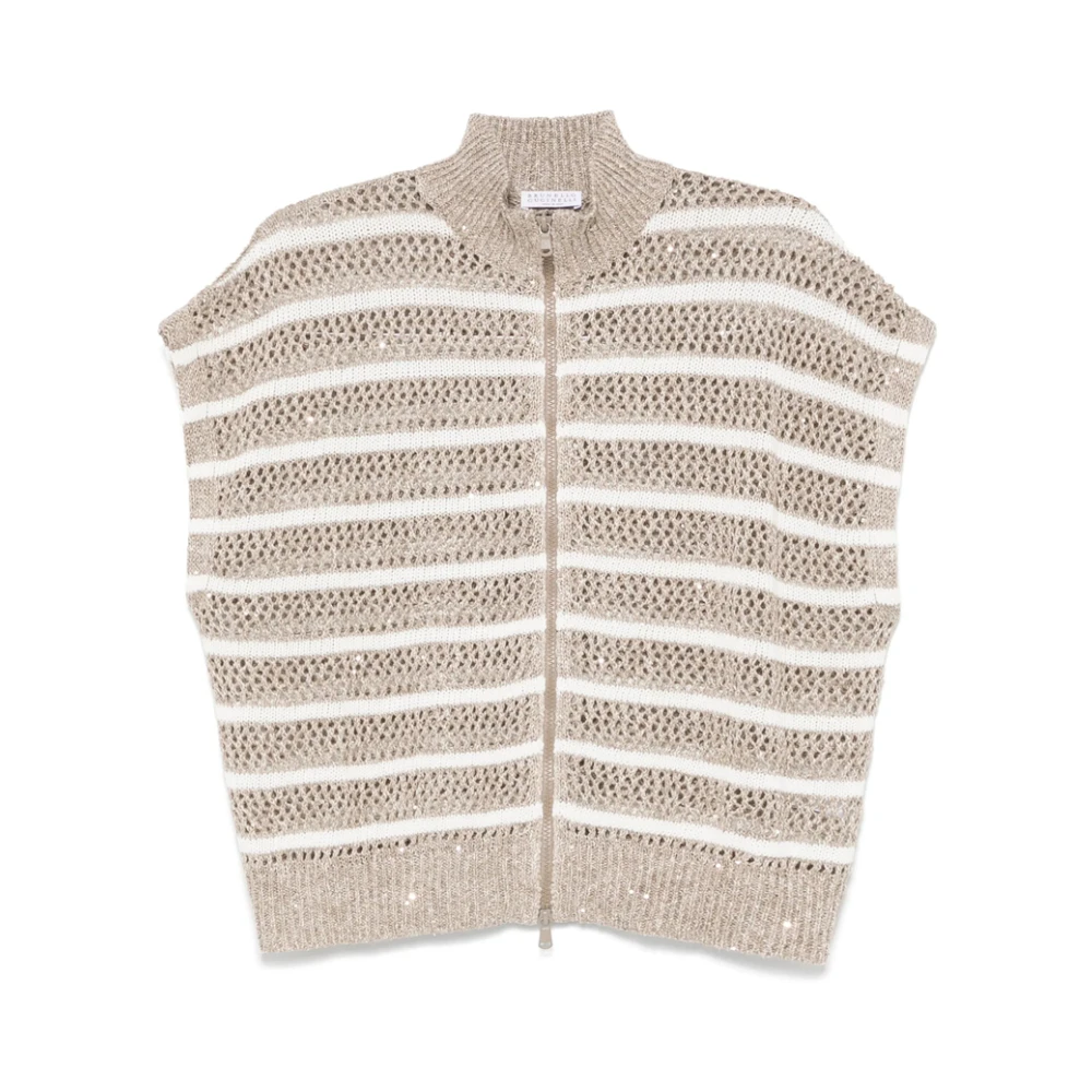 BRUNELLO CUCINELLI Beige Gestreepte Mouwloze Rits Sweater Brown Dames