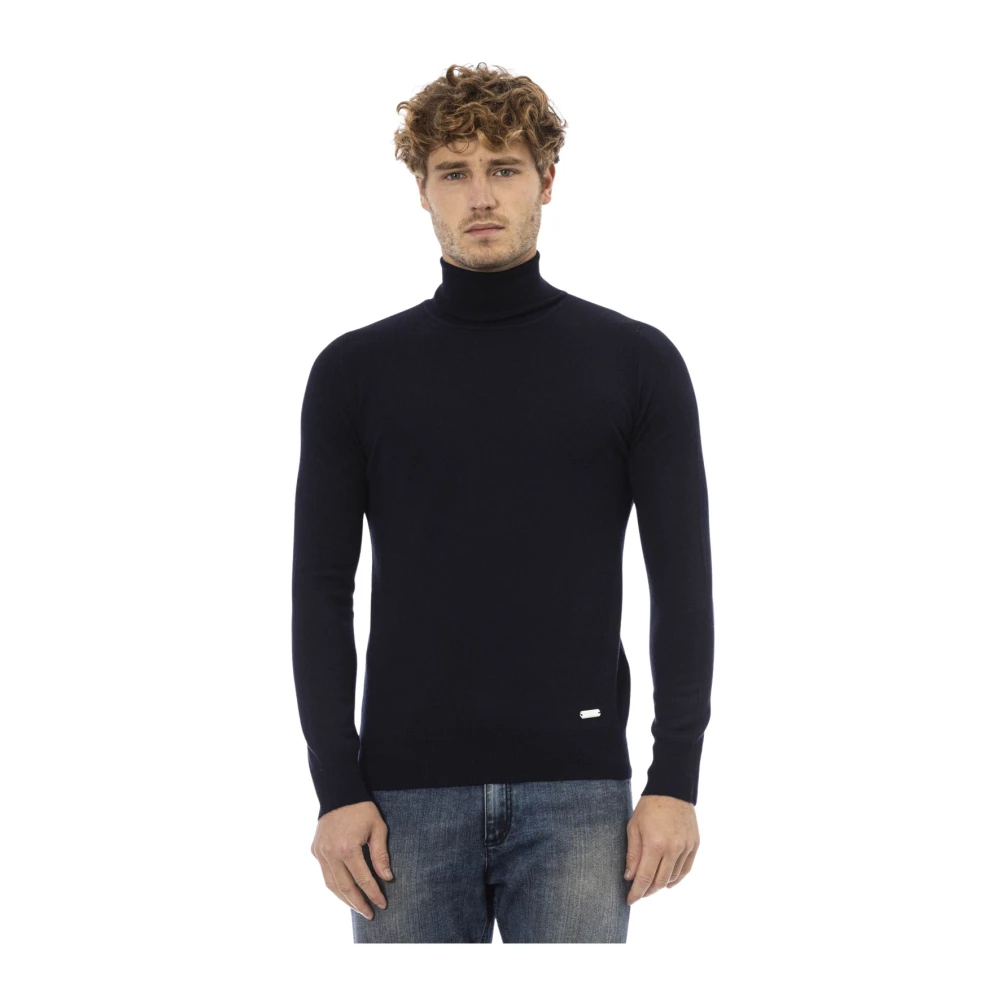 Baldinini Blauwe Geribbelde Coltrui Wollen Trui Blue Heren