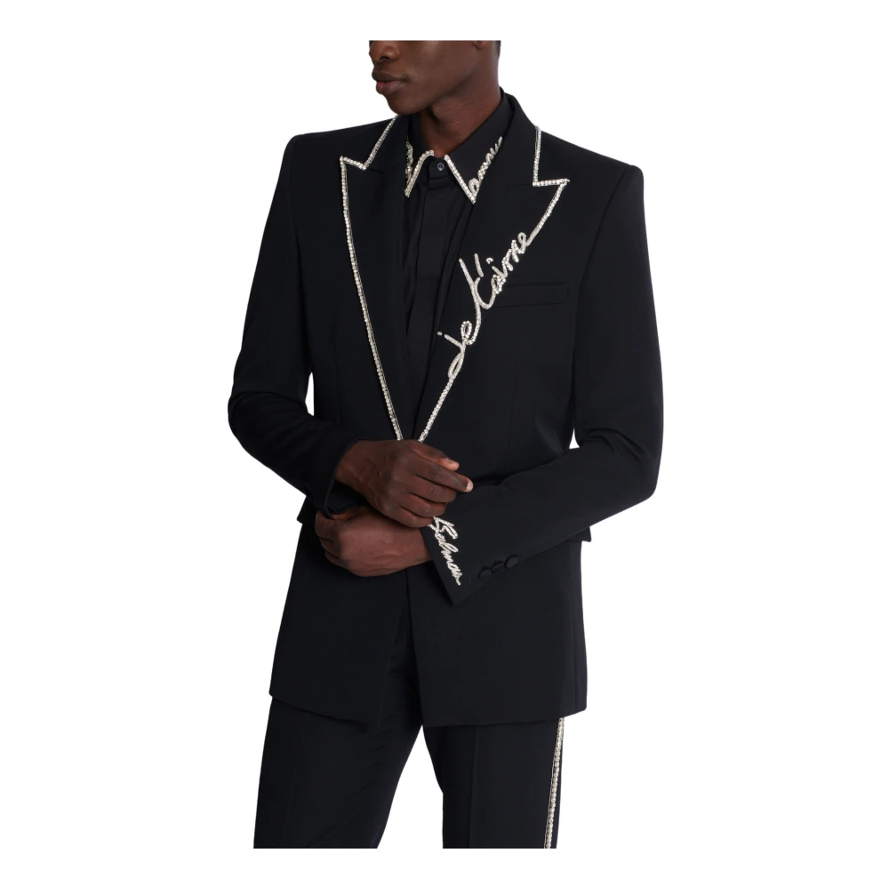 Balmain 1-button jas met geborduurde "Love Letter" kraag Black Heren