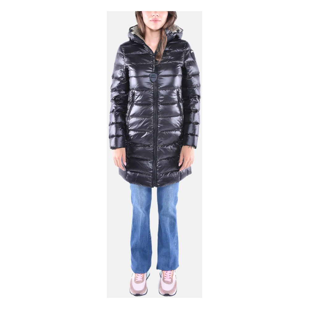Blauer Lange gewatteerde jas met capuchon Black Dames
