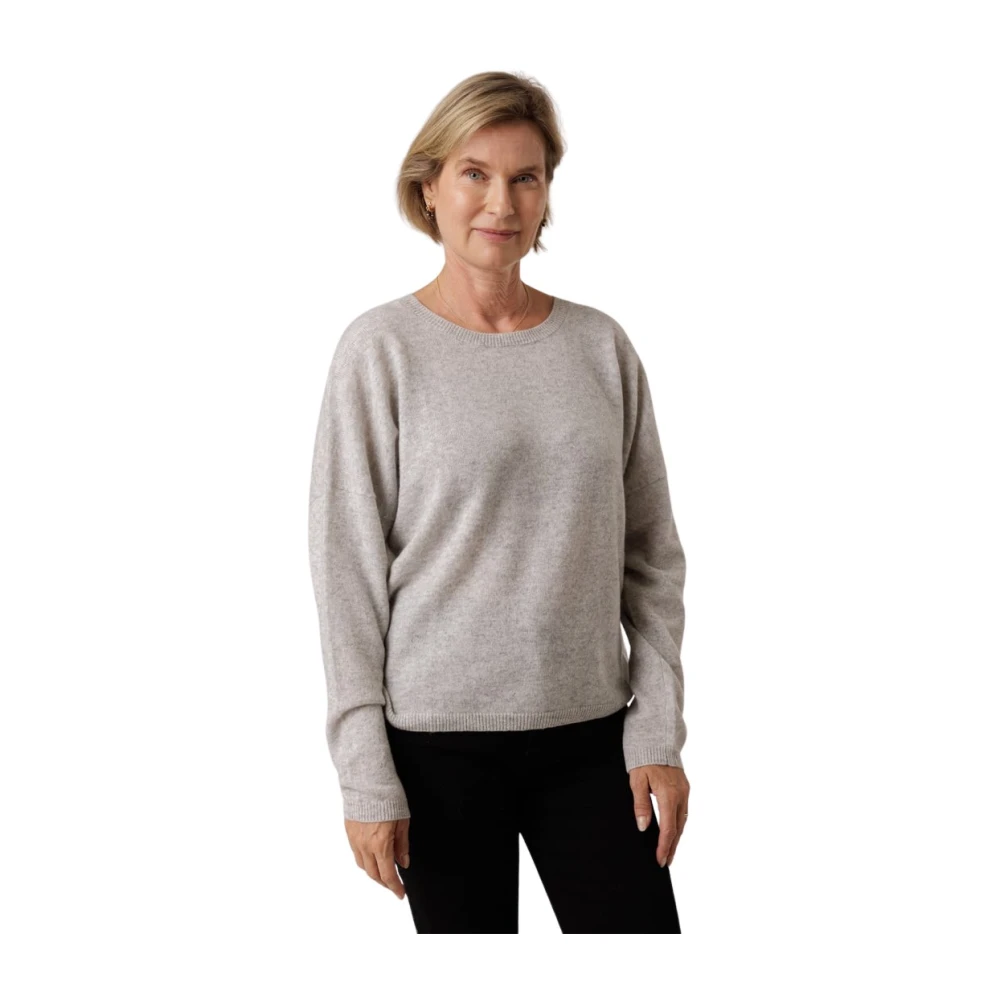 Absolut Cashmere Grijze Kasjmier Trui Ronde Hals Ribgebreid Gray Dames