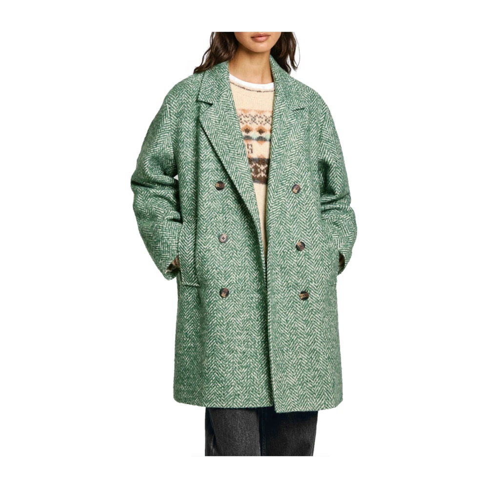 Pepe Jeans Groene Wollen Blend Double-Breasted Jas Green Dames