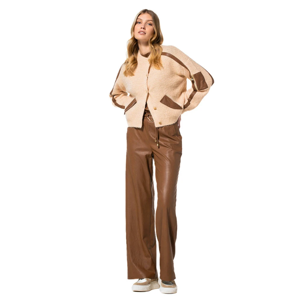 Caroline Biss Asymmetrische Cardigan met Ecoleder Detail Brown Dames