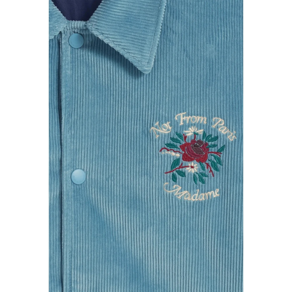 Drole de Monsieur Blauw Grijs Corduroy Jack met Slogan Print Blue Heren
