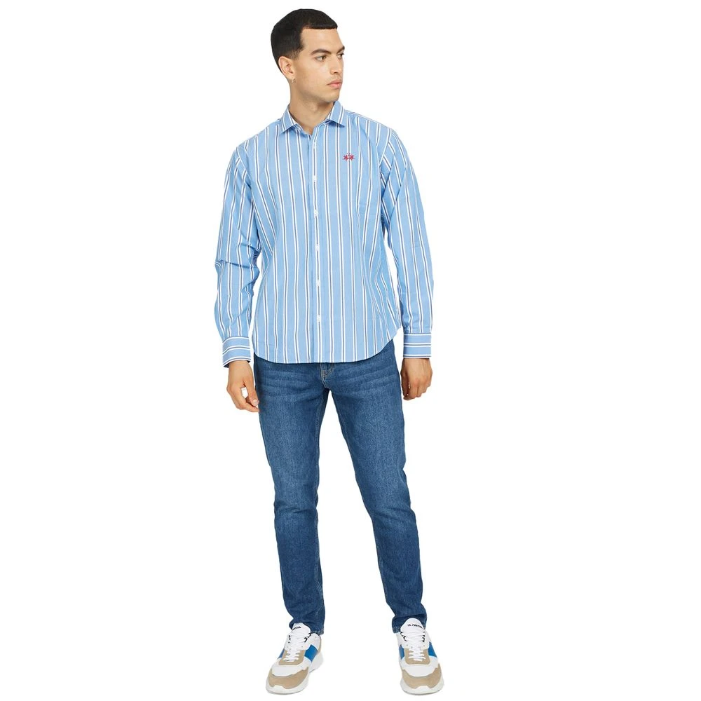 LA MARTINA Elegant Gestreept Katoenen Popeline Overhemd Blue Heren