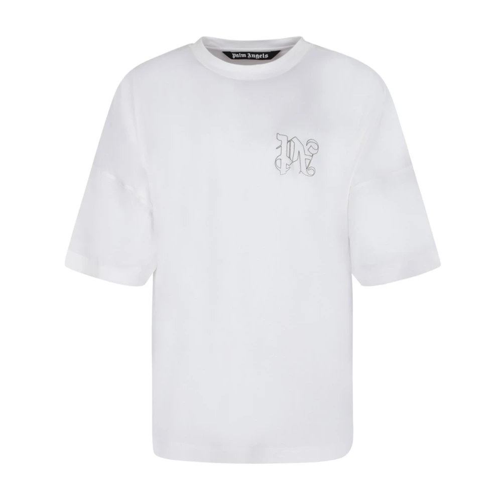 Palm Angels Wit Monogram T-shirt Geborduurd Logo White Heren