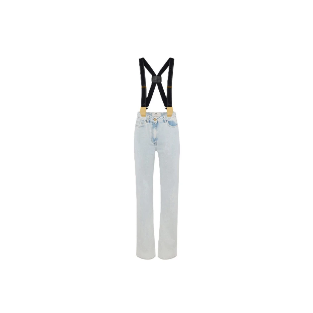 Elisabetta Franchi Blue Straight Fit Jeans, Female, W26, Cotton Denim Trousers With Suspenders