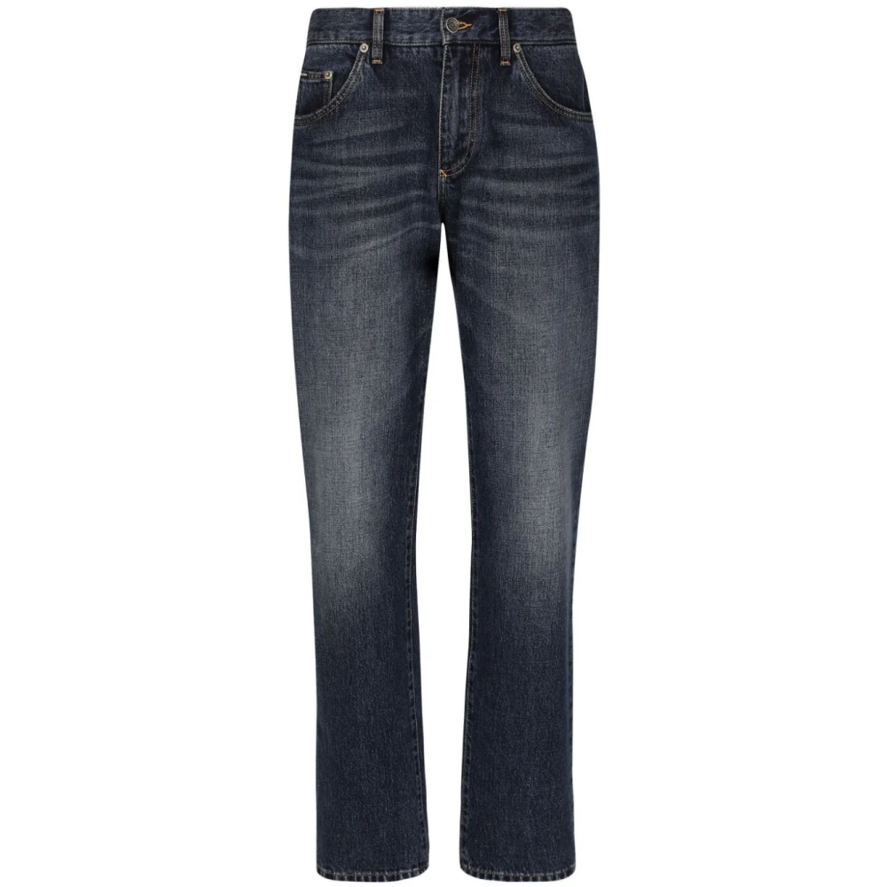 Dolce & Gabbana Blauwe Straight Leg Jeans met Whiskering Effect Katoenen Jeans met Logo Patch Blue