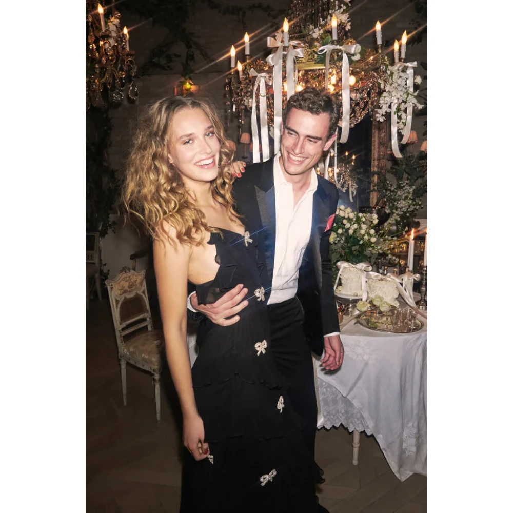 Loveshackfancy Maxi Zijden Jurk met Kristalboogversiering Black Dames