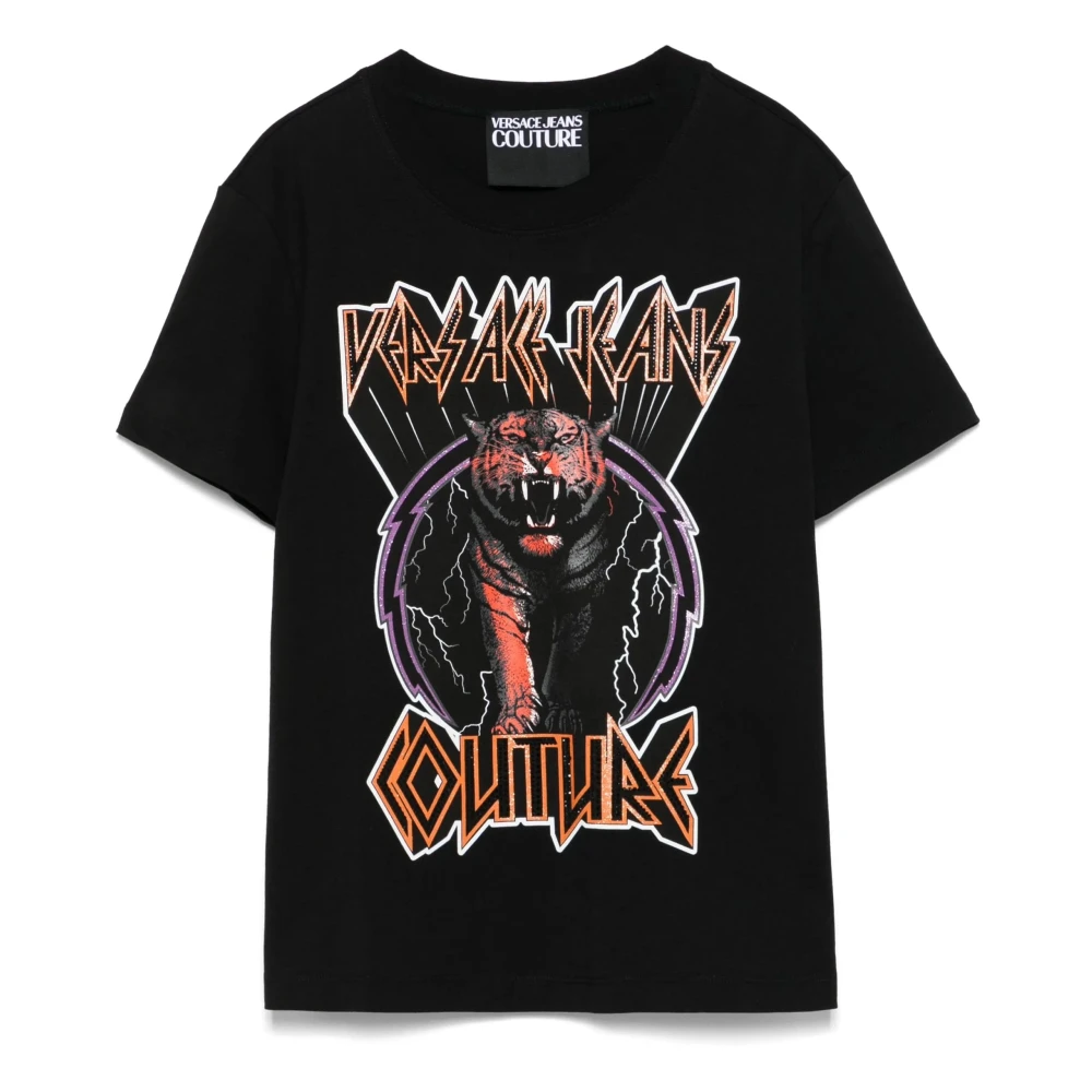 Versace Jeans Couture Zwarte Tiger Logo Strass T-Shirt Black Dames