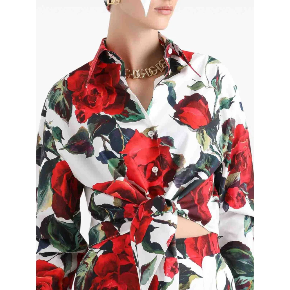 Dolce & Gabbana Rose Print Cropped Shirt Wit Multicolor Dames