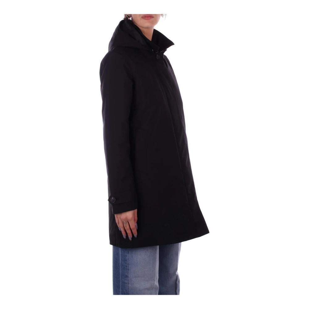 Save The Duck Zwarte jas met capuchon rits en knoop Black Dames