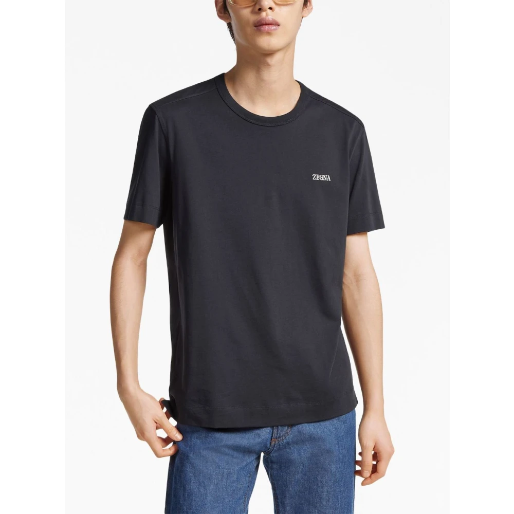 Ermenegildo Zegna Blauw Katoen Logo Geborduurd T-shirt Blue Heren