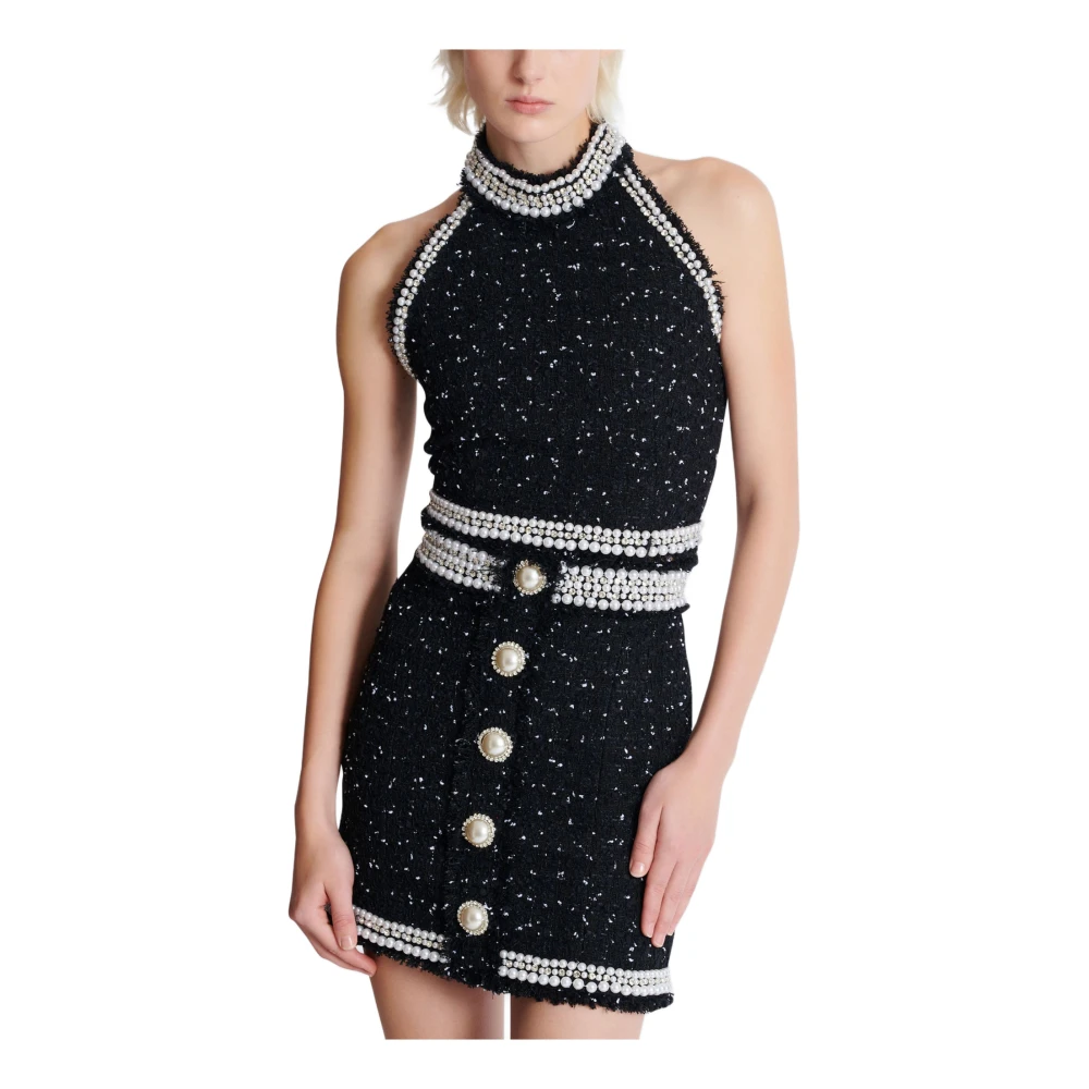 Balmain Geborduurde polka-dot tweed halternek top Black Dames