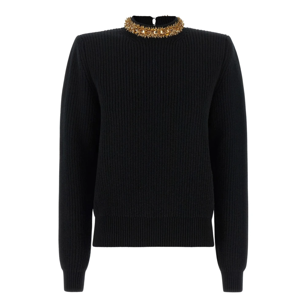 Balmain Donna Nero Pullover Con Gallone Ricamato In Cashmere - Immagine 3