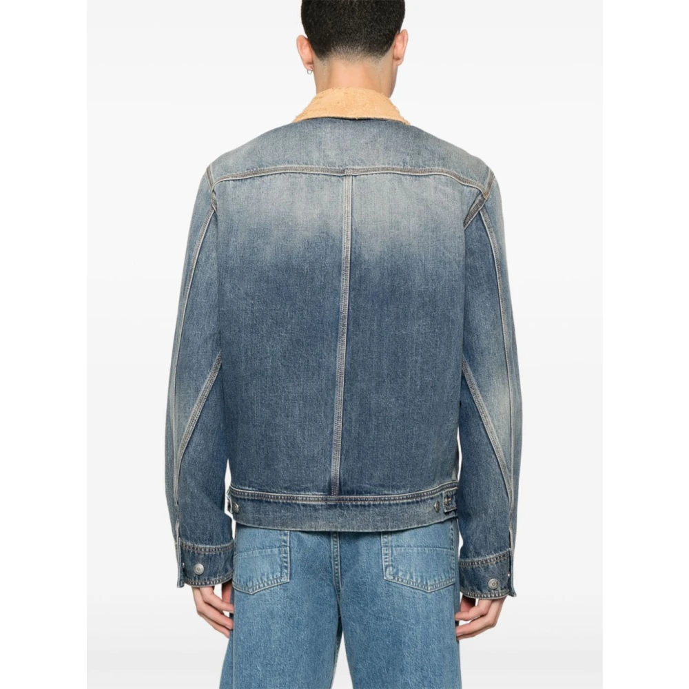 alexander mcqueen Blauwe Denim Jas met Beige Suède Kraag Blue Heren