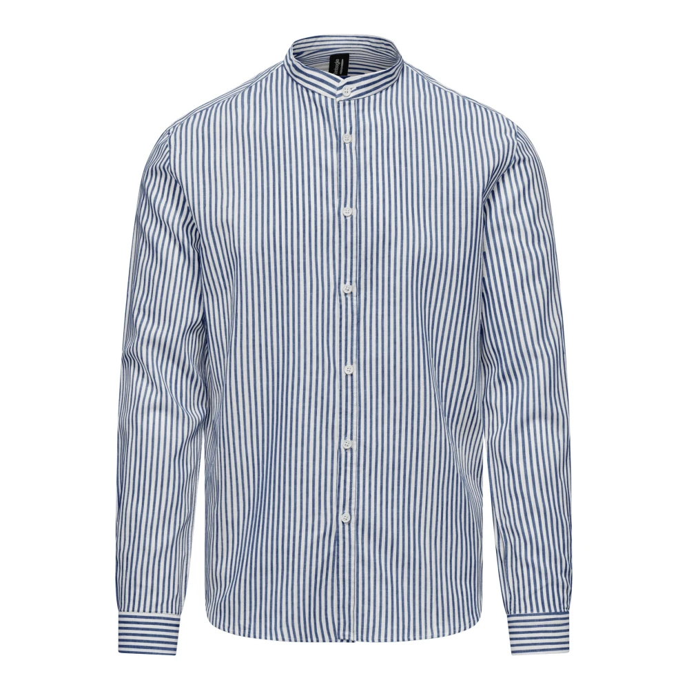 Bomboogie Men's Blue Casual Shirts, 2XL, Linen/Cotton Striped Shirt With Mandarin Collar