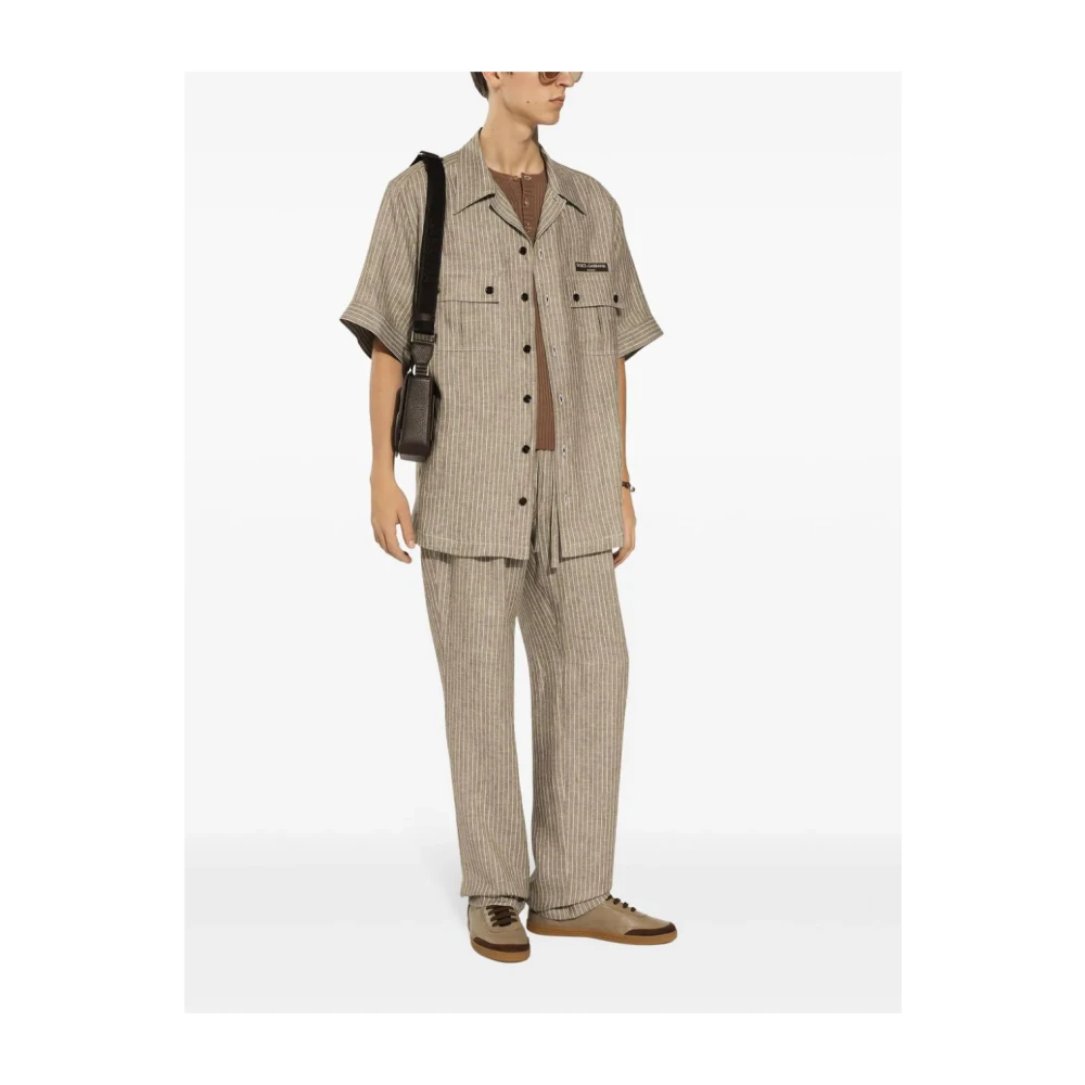 Dolce & Gabbana Gestreept Linnen Hawaii Fit Overhemd Beige Heren
