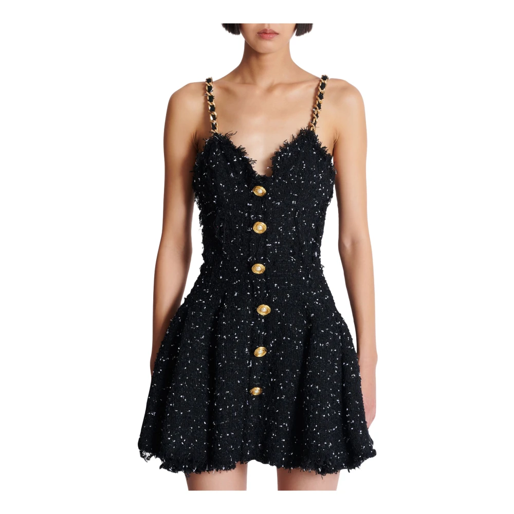 Balmain Gestreepte polka-dot tweedjurk Black Dames