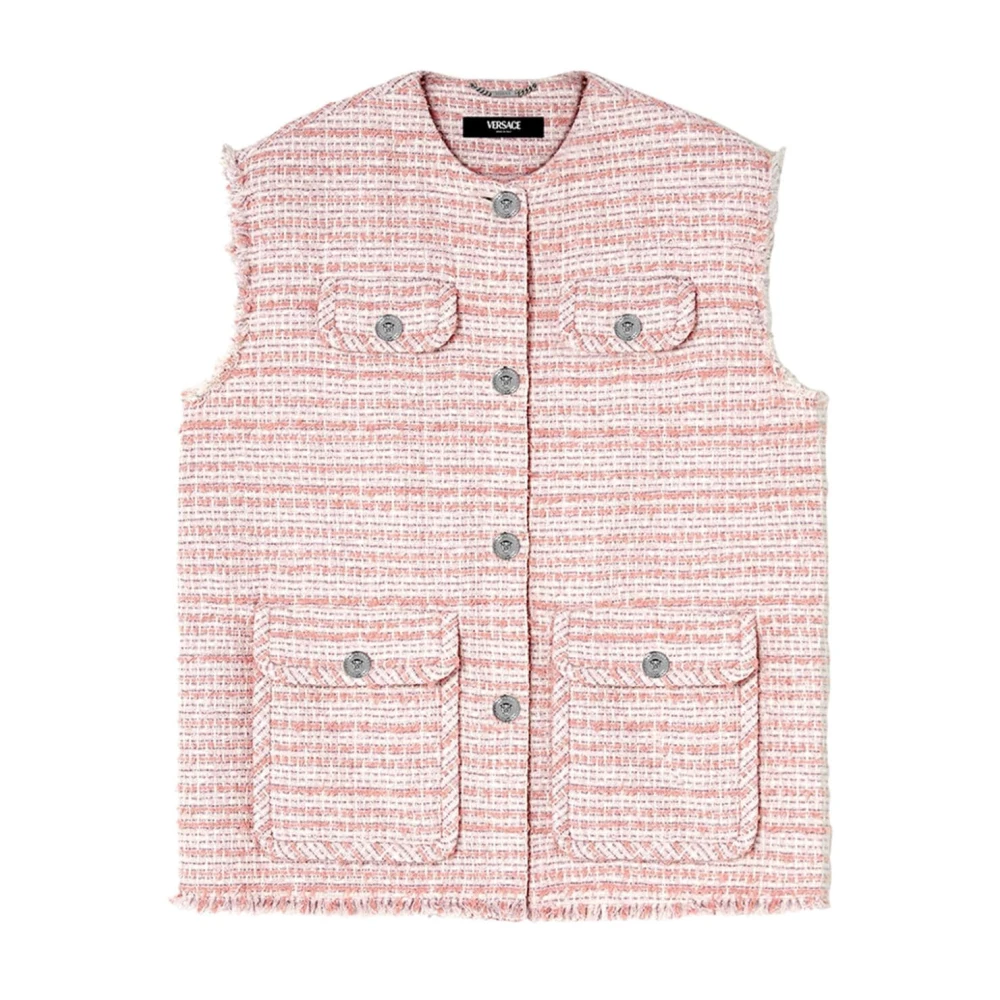 Versace Gestreepte Katoenen Tweed Franje Vest Pink Dames
