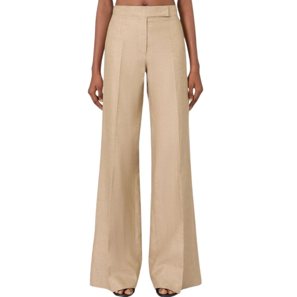 Max Mara Women's Brown Wide Trousers, Xs, Big Pleated Linen Wide-Leg Trousers