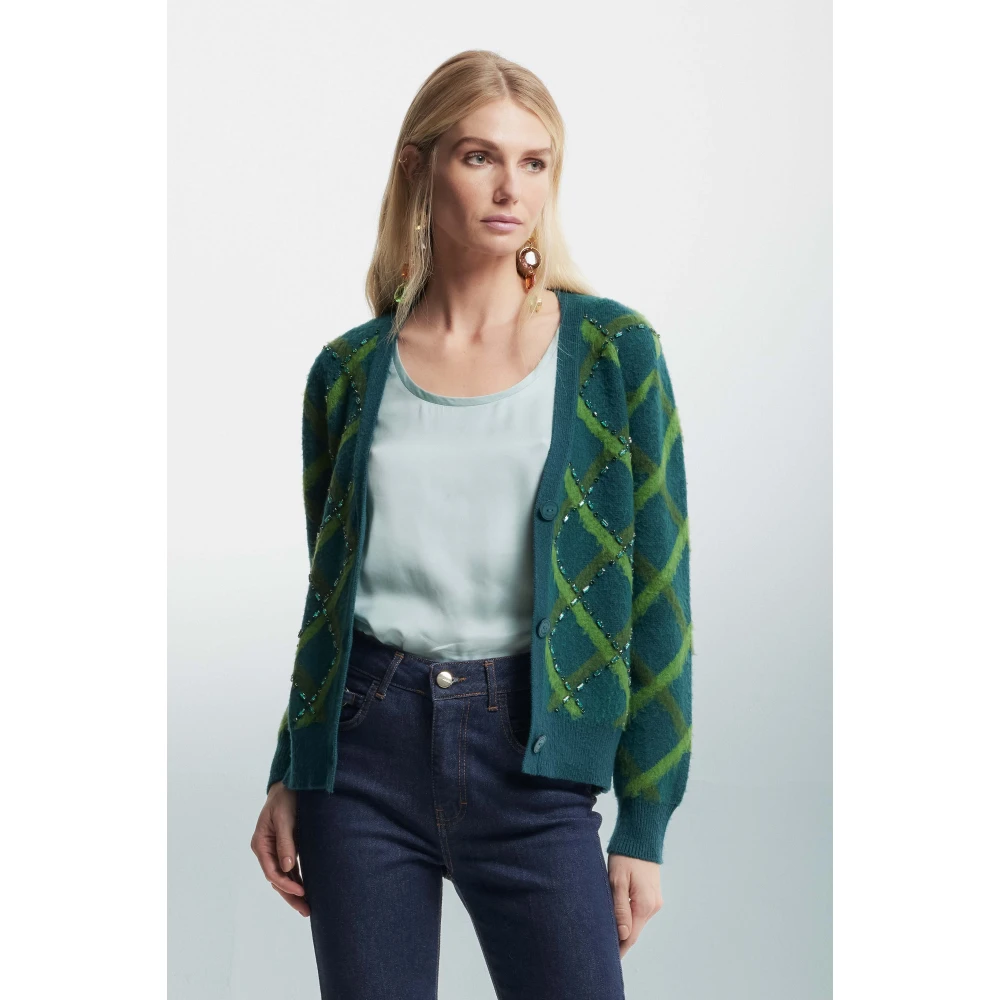 Kocca Diamantpatroon Cardigan met Strass Green Dames